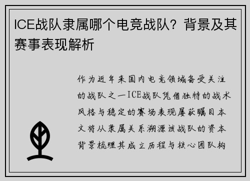 ICE战队隶属哪个电竞战队？背景及其赛事表现解析